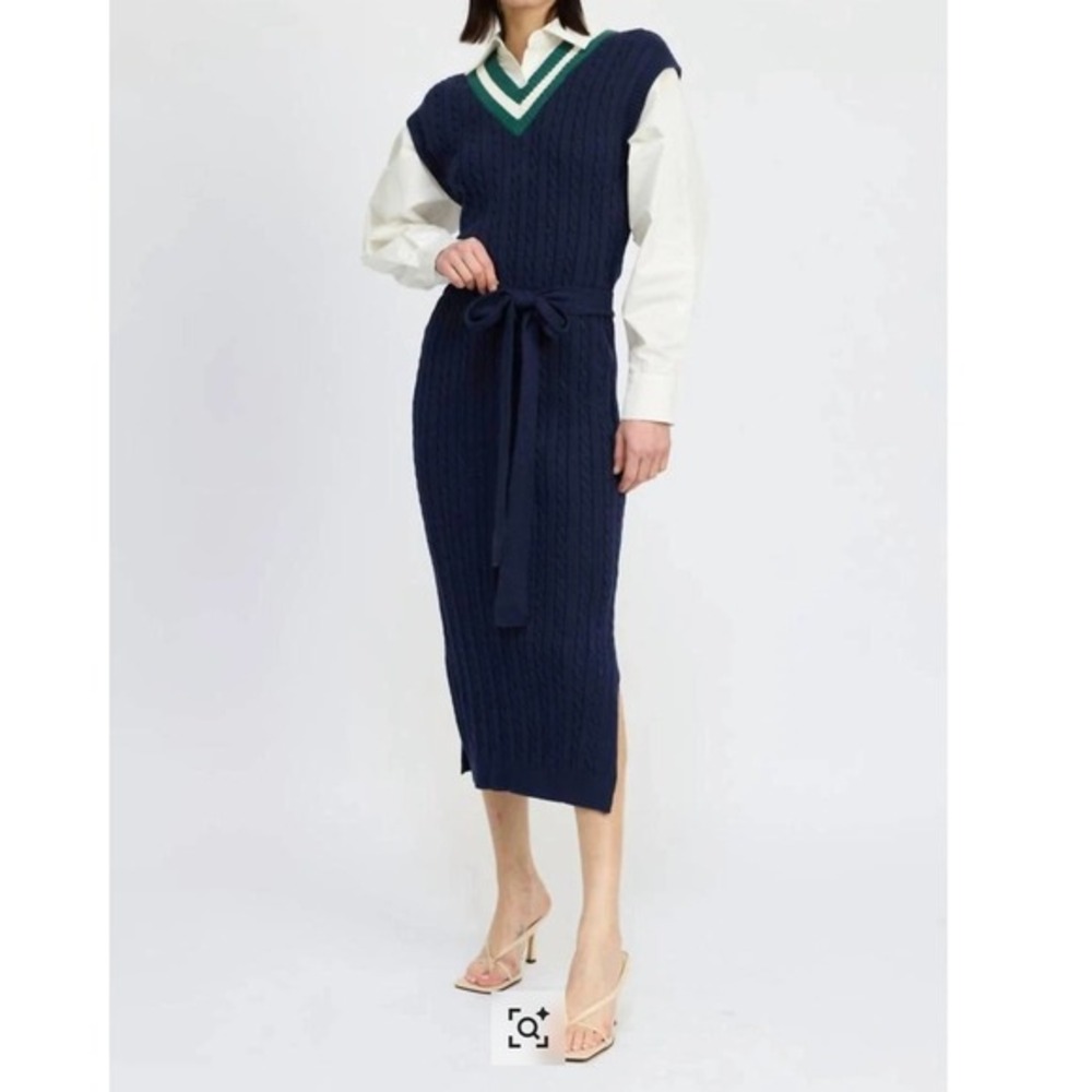 En Saison Navy Cable Knit Sweater Vest Shirt Dress Mixed Media Midi XS NEW